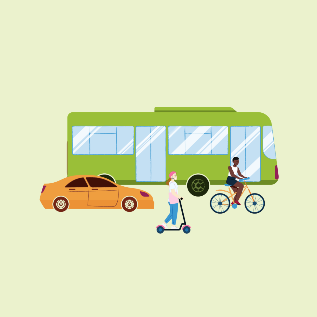 Illustration montrant divers moyens de transport, notamment un bus, une voiture, une trottinette et un vélo, représentant lla Mobilité pour les jeunes de la mission locale.